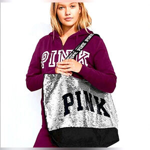 VS PINK TOTE 15” SHIMMERING FLIP SEQUINS SILVER/GOLD TAKE ANYWHERE TOTE SUPER !!
